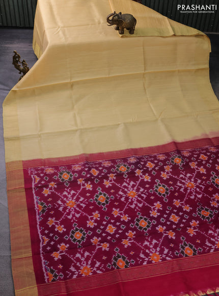 Pure raw silk saree sandal and dark magenta pink with plain body and ikat weaves pallu