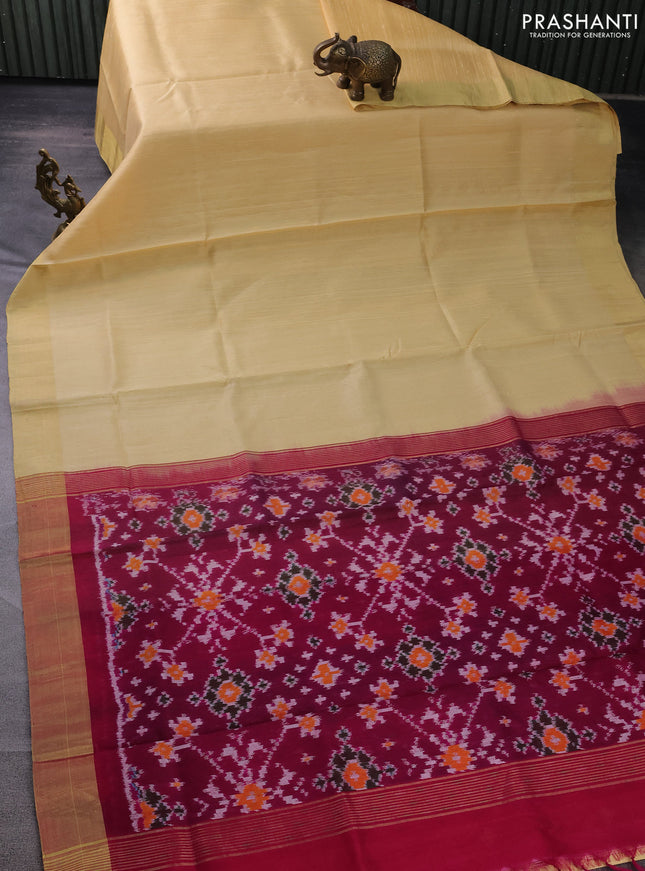 Pure raw silk saree sandal and dark magenta pink with plain body and ikat weaves pallu