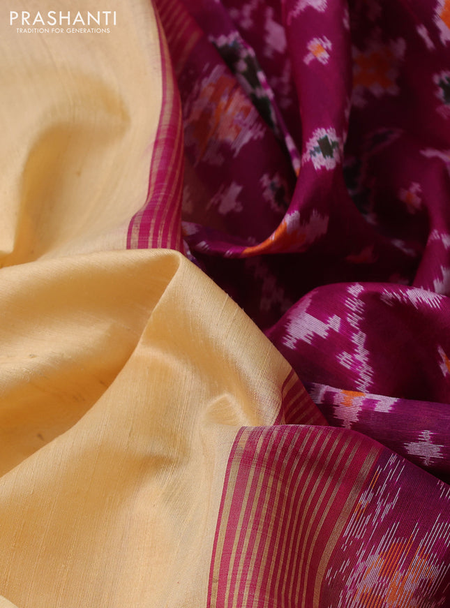 Pure raw silk saree sandal and dark magenta pink with plain body and ikat weaves pallu