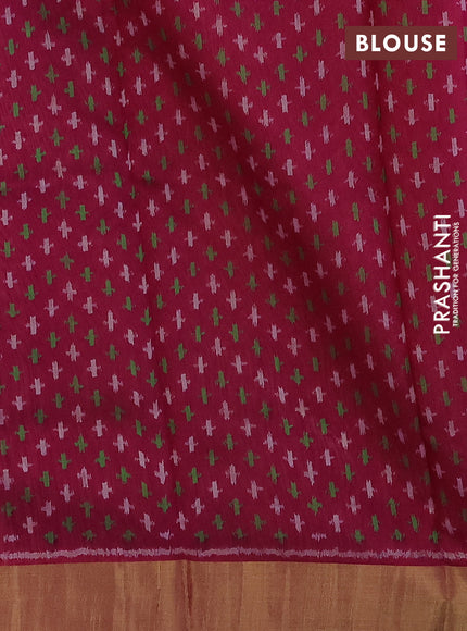 Pure raw silk saree sandal and dark magenta pink with plain body and ikat weaves pallu