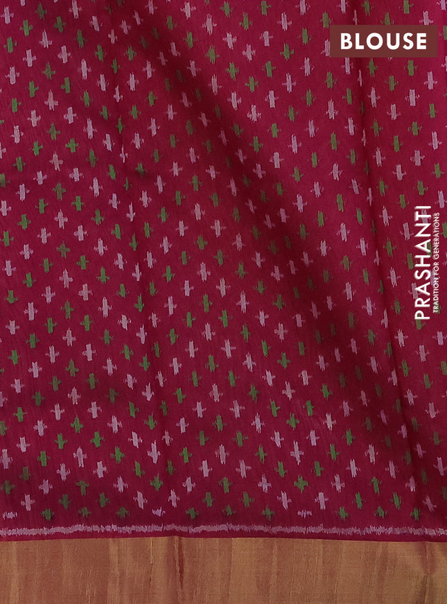 Pure raw silk saree sandal and dark magenta pink with plain body and ikat weaves pallu