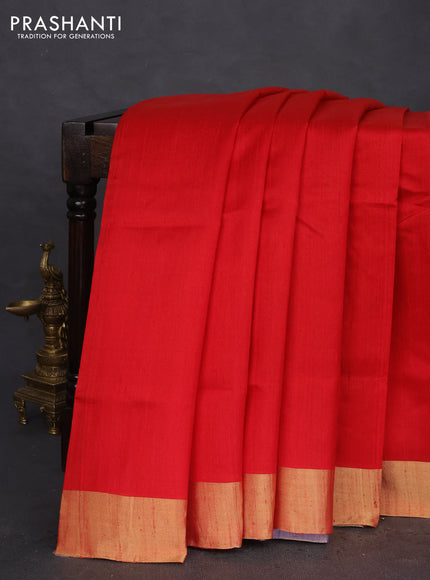 Pure raw silk saree reddish pink and blue with plain body and ikat weaves pallu