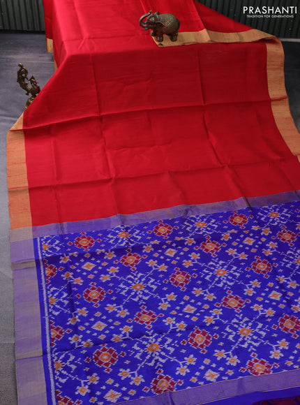 Pure raw silk saree reddish pink and blue with plain body and ikat weaves pallu
