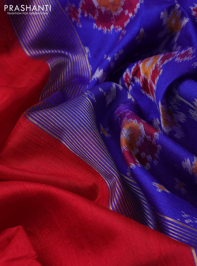 Pure raw silk saree reddish pink and blue with plain body and ikat weaves pallu