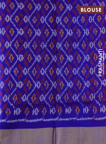 Pure raw silk saree reddish pink and blue with plain body and ikat weaves pallu