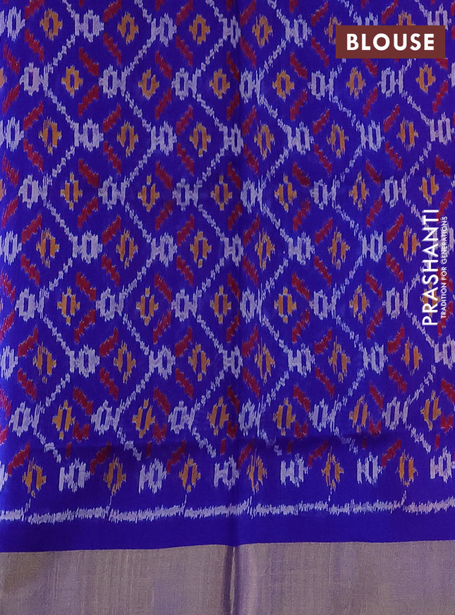 Pure raw silk saree reddish pink and blue with plain body and ikat weaves pallu