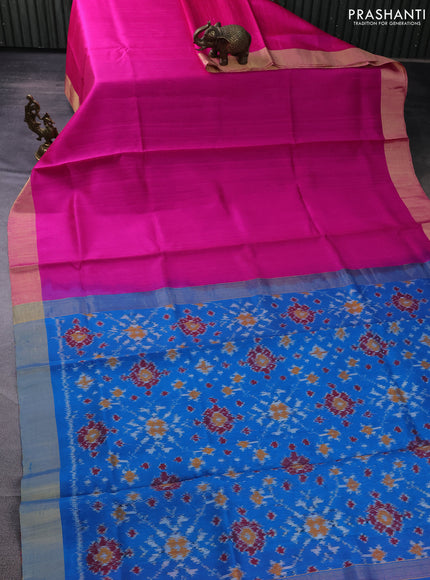 Pure raw silk saree pink and cs blue with plain body and ikat weaves pallu