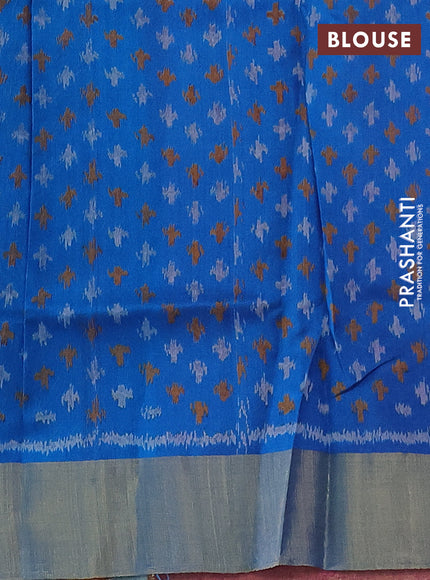 Pure raw silk saree pink and cs blue with plain body and ikat weaves pallu
