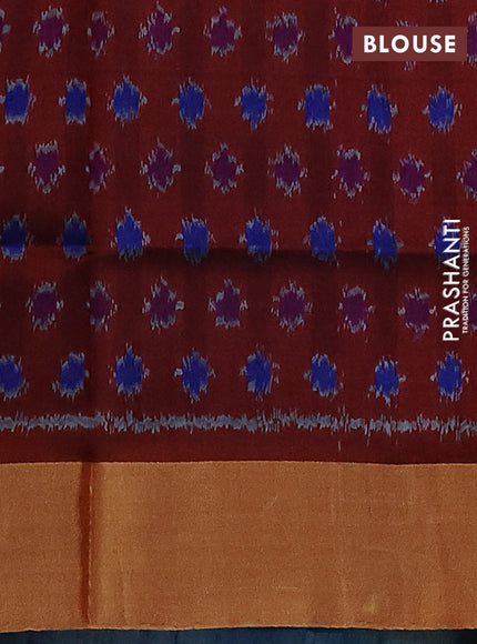 Pure raw silk saree blue and maroon with plain body and ikat weaves pallu