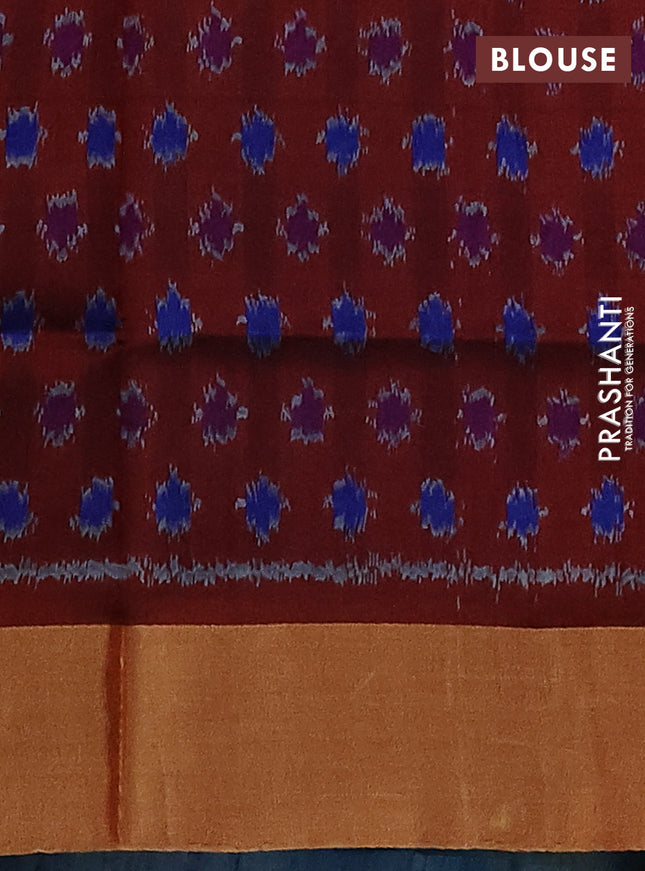 Pure raw silk saree blue and maroon with plain body and ikat weaves pallu
