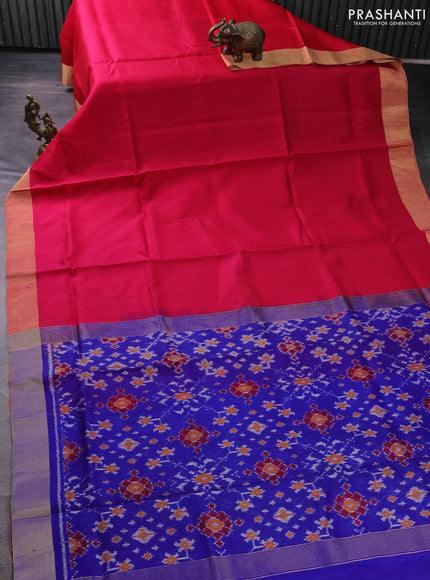 Pure raw silk saree pink and royal blue with plain body and ikat weaves pallu
