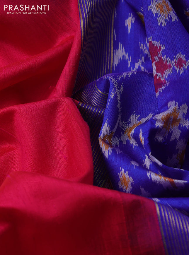 Pure raw silk saree pink and royal blue with plain body and ikat weaves pallu