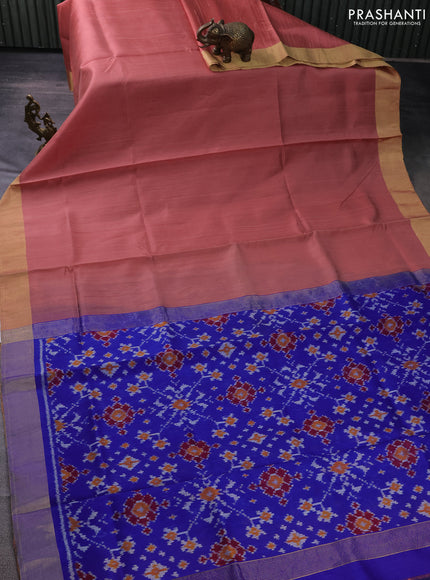 Pure raw silk saree peach shade and royal blue with plain body and ikat weaves pallu