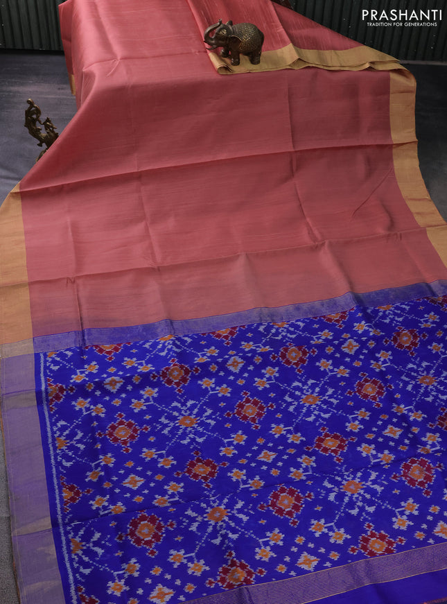 Pure raw silk saree peach shade and royal blue with plain body and ikat weaves pallu