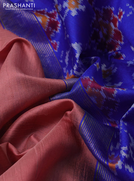 Pure raw silk saree peach shade and royal blue with plain body and ikat weaves pallu
