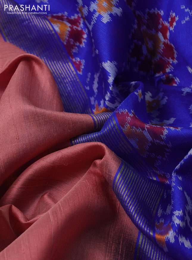Pure raw silk saree peach shade and royal blue with plain body and ikat weaves pallu