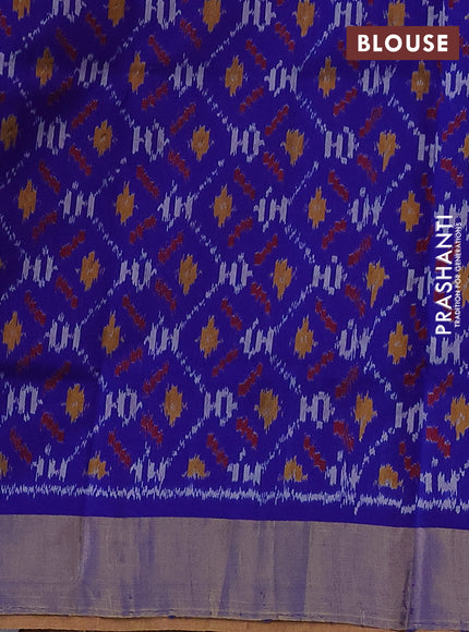 Pure raw silk saree peach shade and royal blue with plain body and ikat weaves pallu