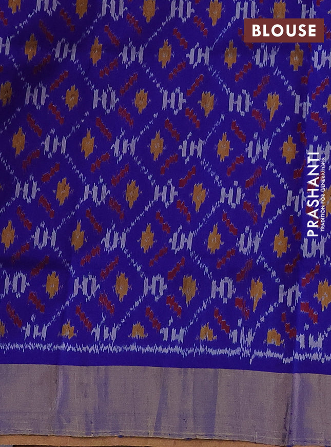 Pure raw silk saree peach shade and royal blue with plain body and ikat weaves pallu