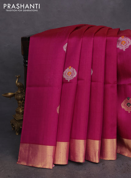 Pure raw silk saree deep purple and cs blue with silver & gold zari woven buttas and zari woven border