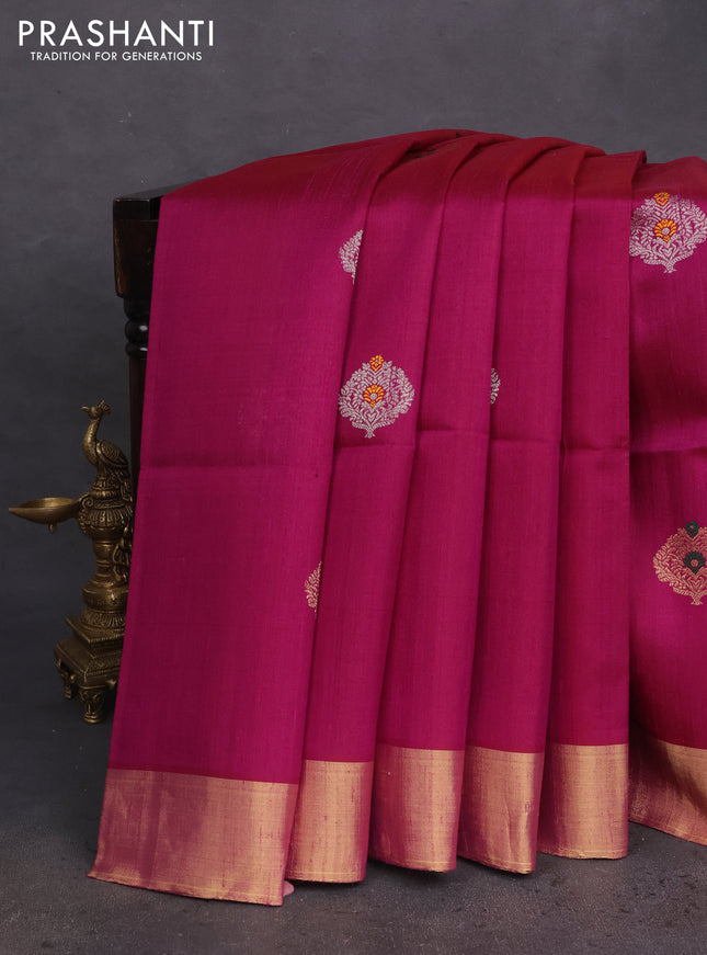 Pure raw silk saree deep purple and cs blue with silver & gold zari woven buttas and zari woven border
