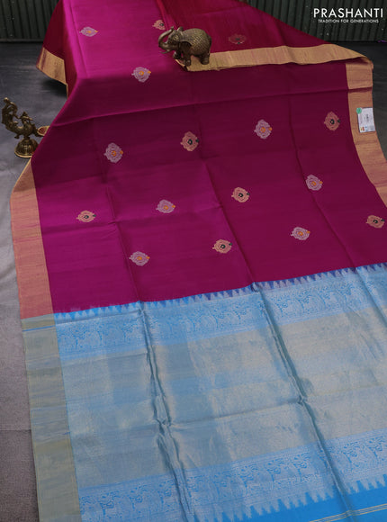 Pure raw silk saree deep purple and cs blue with silver & gold zari woven buttas and zari woven border
