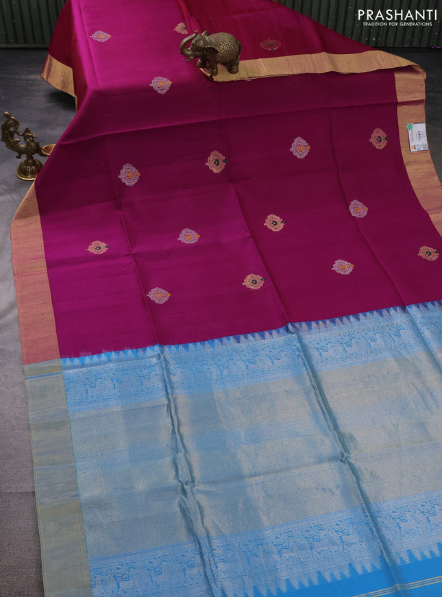 Pure raw silk saree deep purple and cs blue with silver & gold zari woven buttas and zari woven border