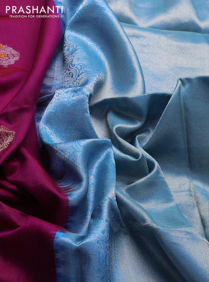 Pure raw silk saree deep purple and cs blue with silver & gold zari woven buttas and zari woven border