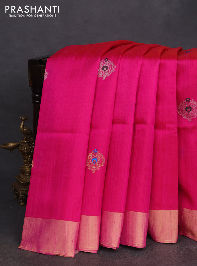 Pure raw silk saree pink and teal green with silver & gold zari woven buttas and zari woven border