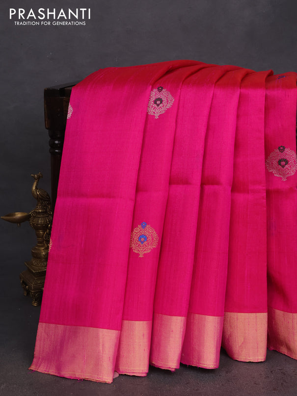 Pure raw silk saree pink and teal green with silver & gold zari woven buttas and zari woven border