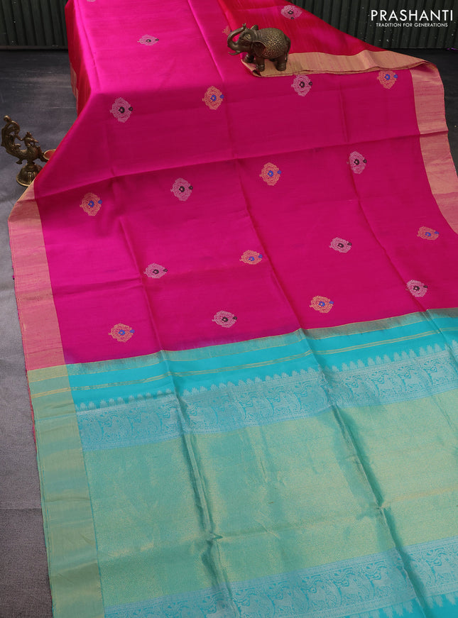 Pure raw silk saree pink and teal green with silver & gold zari woven buttas and zari woven border