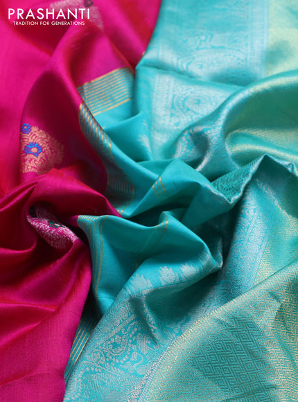 Pure raw silk saree pink and teal green with silver & gold zari woven buttas and zari woven border
