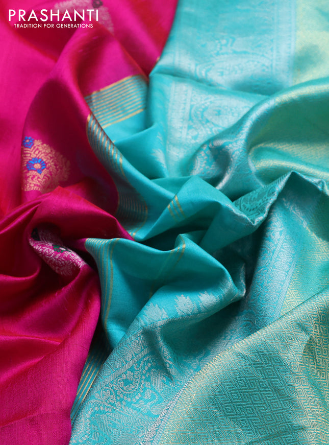 Pure raw silk saree pink and teal green with silver & gold zari woven buttas and zari woven border