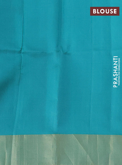 Pure raw silk saree pink and teal green with silver & gold zari woven buttas and zari woven border