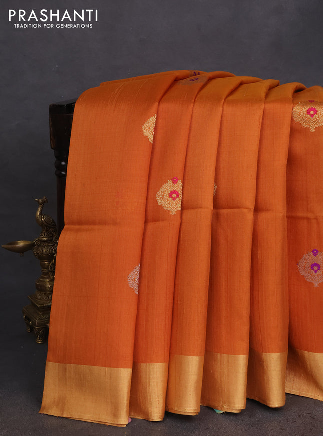 Pure raw silk saree mustard yellow and teal green with silver & gold zari woven buttas and zari woven border
