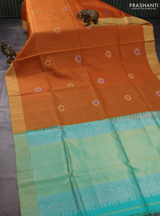 Pure raw silk saree mustard yellow and teal green with silver & gold zari woven buttas and zari woven border