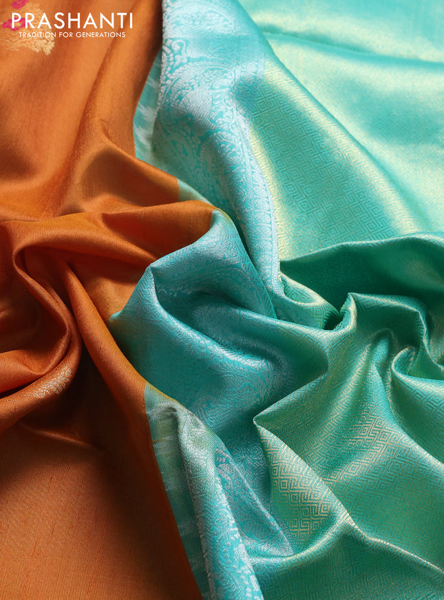 Pure raw silk saree mustard yellow and teal green with silver & gold zari woven buttas and zari woven border