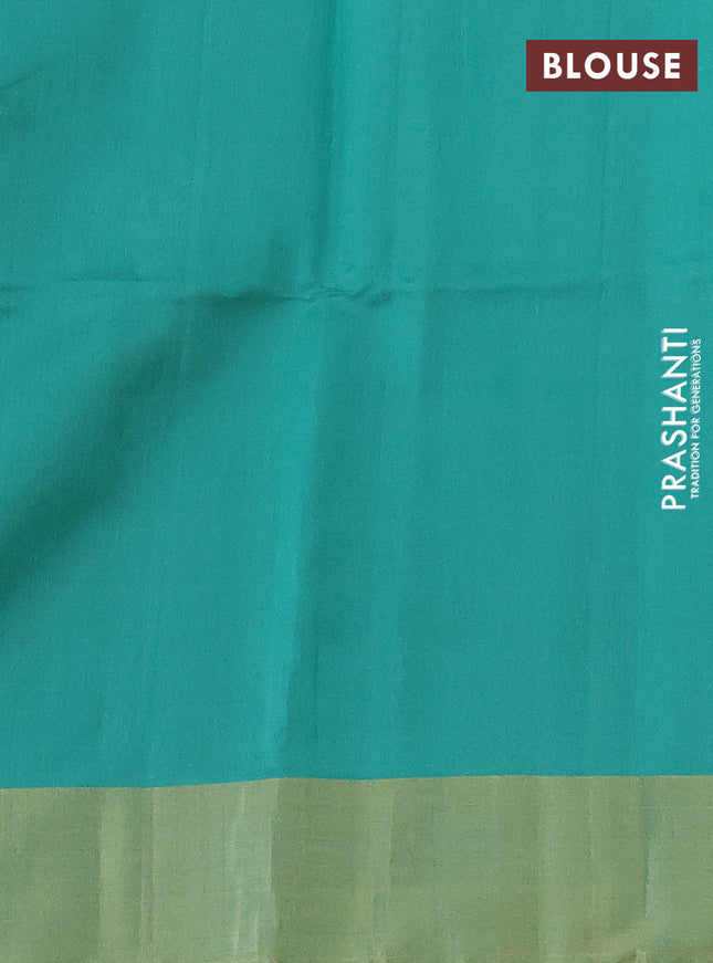 Pure raw silk saree mustard yellow and teal green with silver & gold zari woven buttas and zari woven border