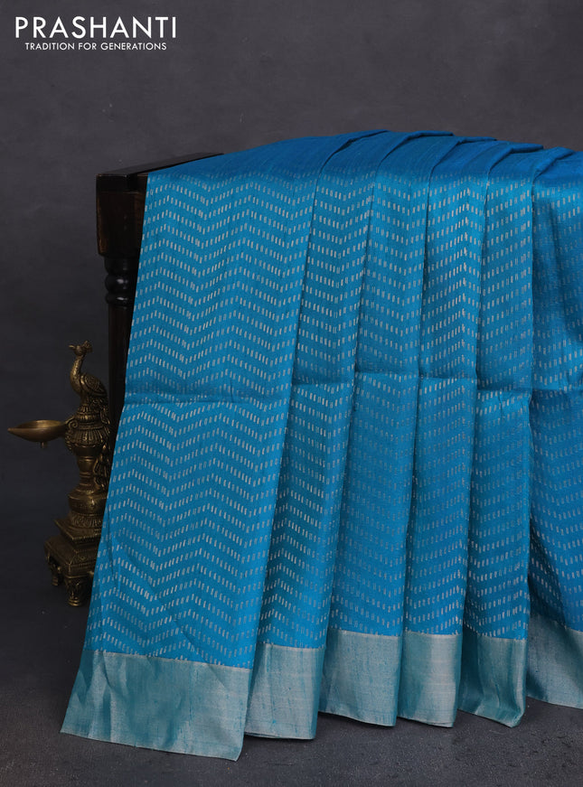 Pure raw silk saree cs blue and pink with allover silver zari weaves and silver zari woven border