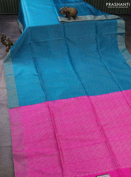 Pure raw silk saree cs blue and pink with allover silver zari weaves and silver zari woven border