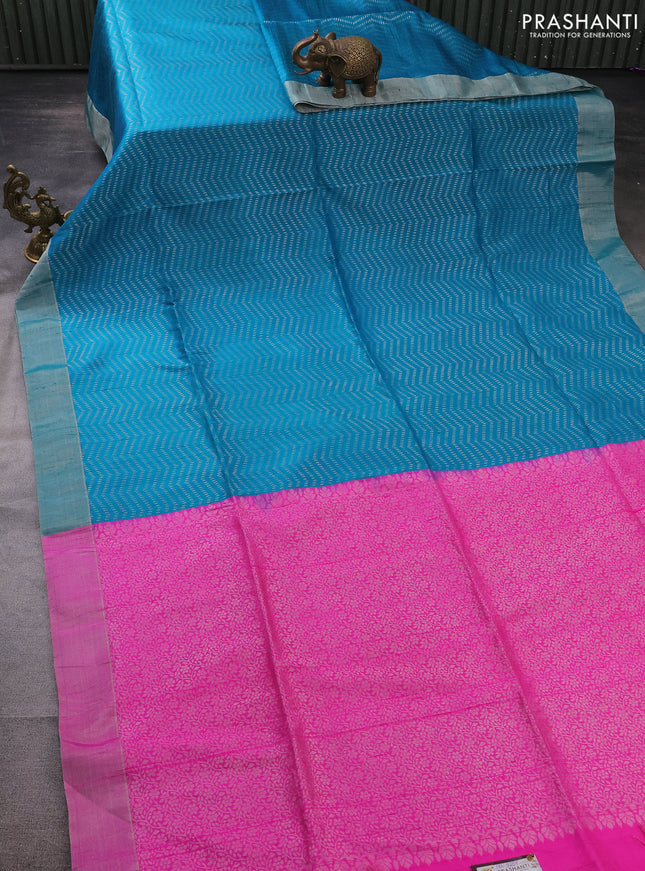 Pure raw silk saree cs blue and pink with allover silver zari weaves and silver zari woven border