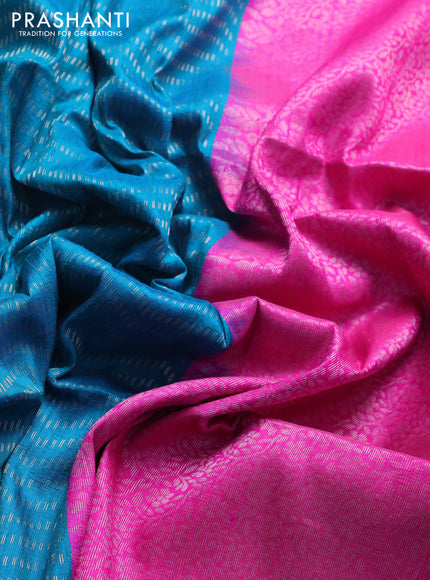 Pure raw silk saree cs blue and pink with allover silver zari weaves and silver zari woven border