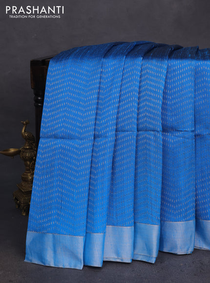 Pure raw silk saree cs blue and reddish pink with allover silver & gold zari weaves and silver zari woven border
