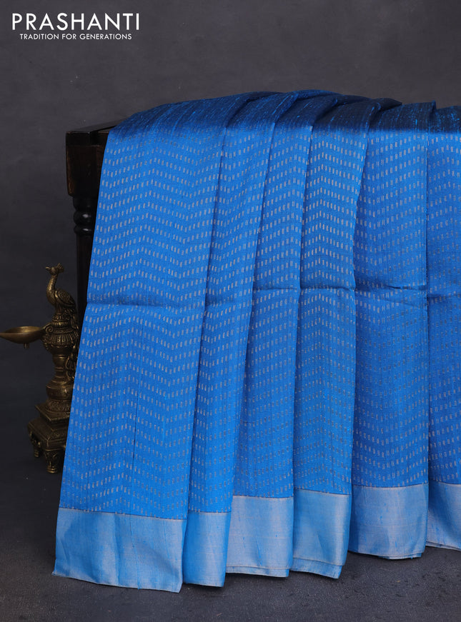Pure raw silk saree cs blue and reddish pink with allover silver & gold zari weaves and silver zari woven border