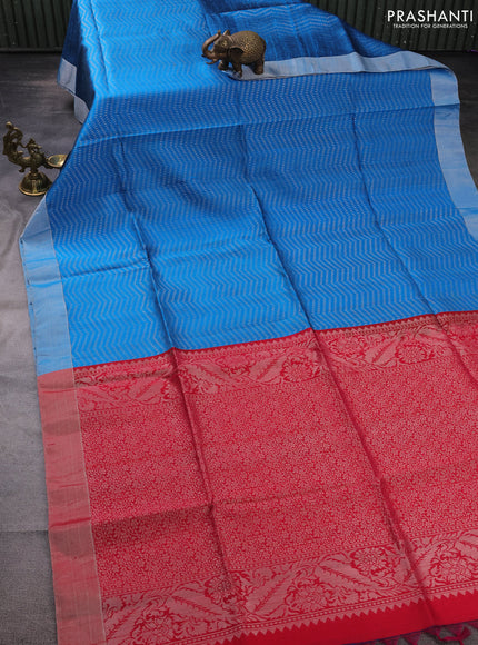Pure raw silk saree cs blue and reddish pink with allover silver & gold zari weaves and silver zari woven border