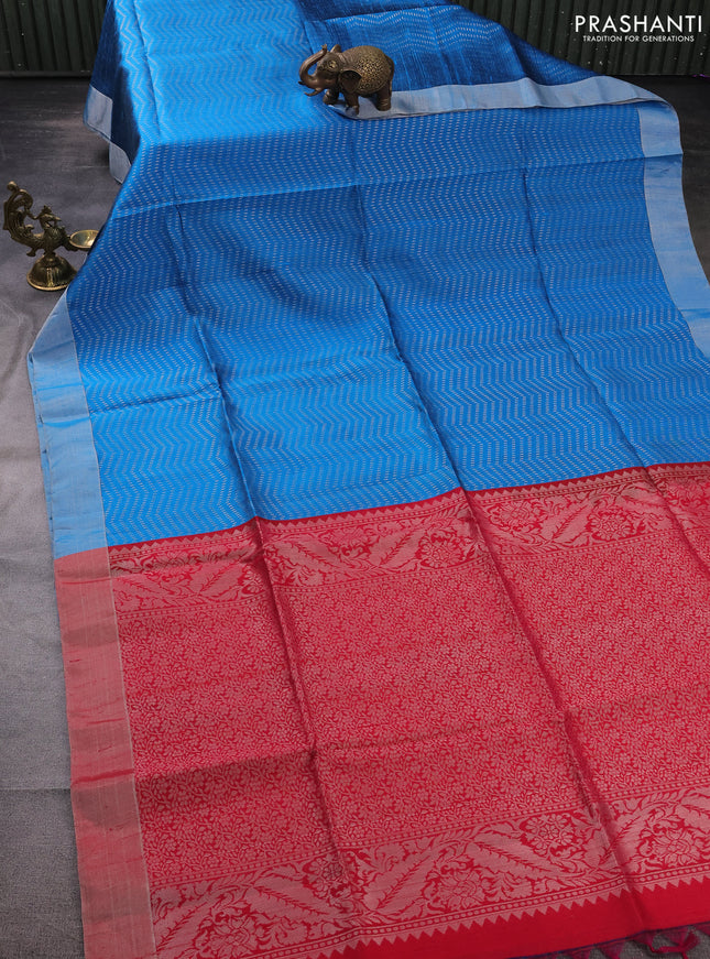 Pure raw silk saree cs blue and reddish pink with allover silver & gold zari weaves and silver zari woven border