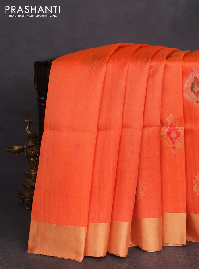 Pure raw silk saree peach orange and blue with silver & gold zari woven buttas and zari woven border