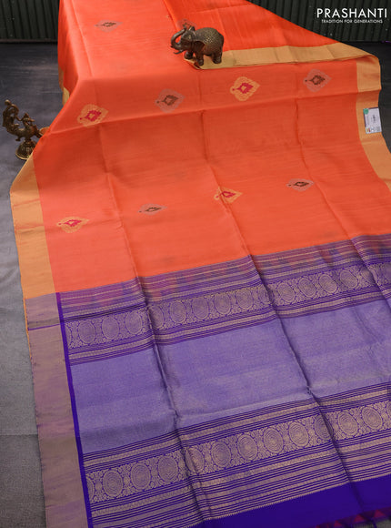 Pure raw silk saree peach orange and blue with silver & gold zari woven buttas and zari woven border