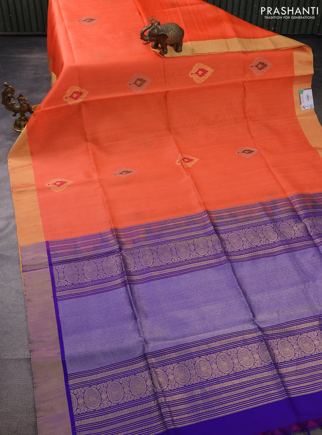 Pure raw silk saree peach orange and blue with silver & gold zari woven buttas and zari woven border