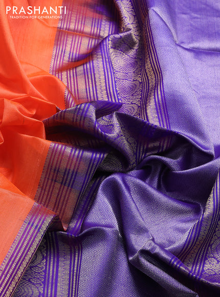 Pure raw silk saree peach orange and blue with silver & gold zari woven buttas and zari woven border