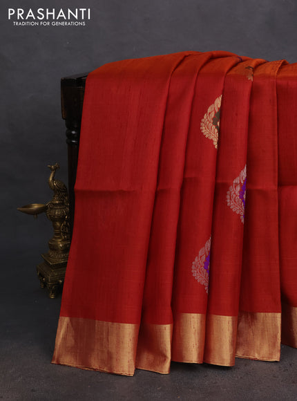Pure raw silk saree rust and blue with silver & gold zari woven buttas and zari woven border